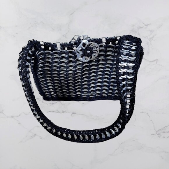 Vintage Goth Black Purse with Aluminum Can Pop Top Tabs and Crocheted Netting - Picture 2 of 5